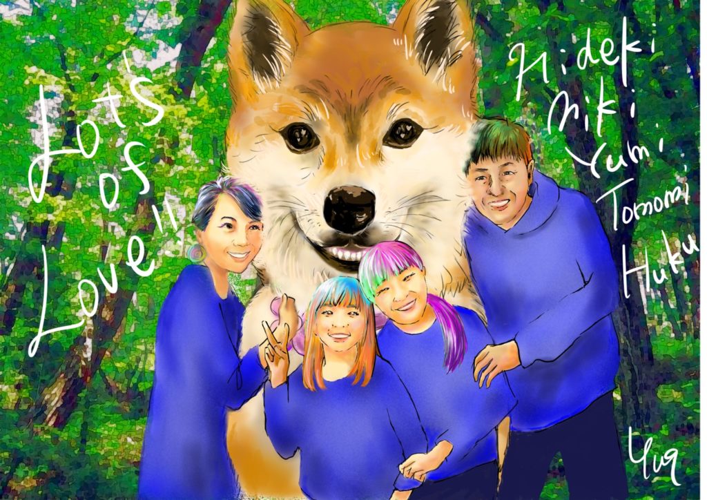 柴犬と家族のフルカラー似顔絵